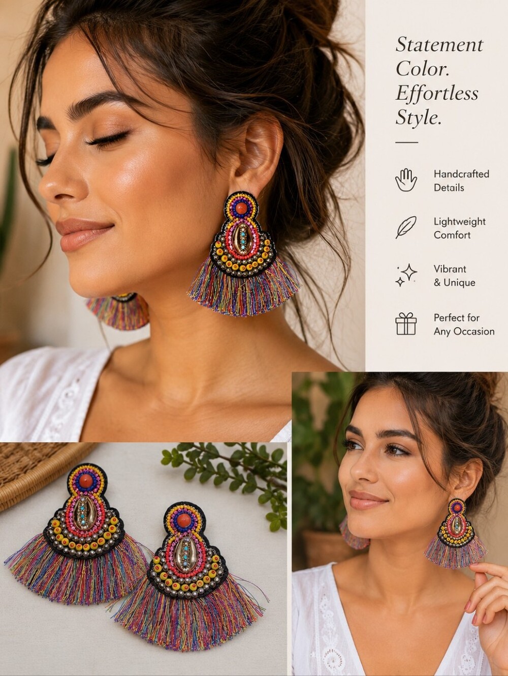 Colorful Boho Fringe Statement Earrings | Beaded Tassel Festival Earrings
